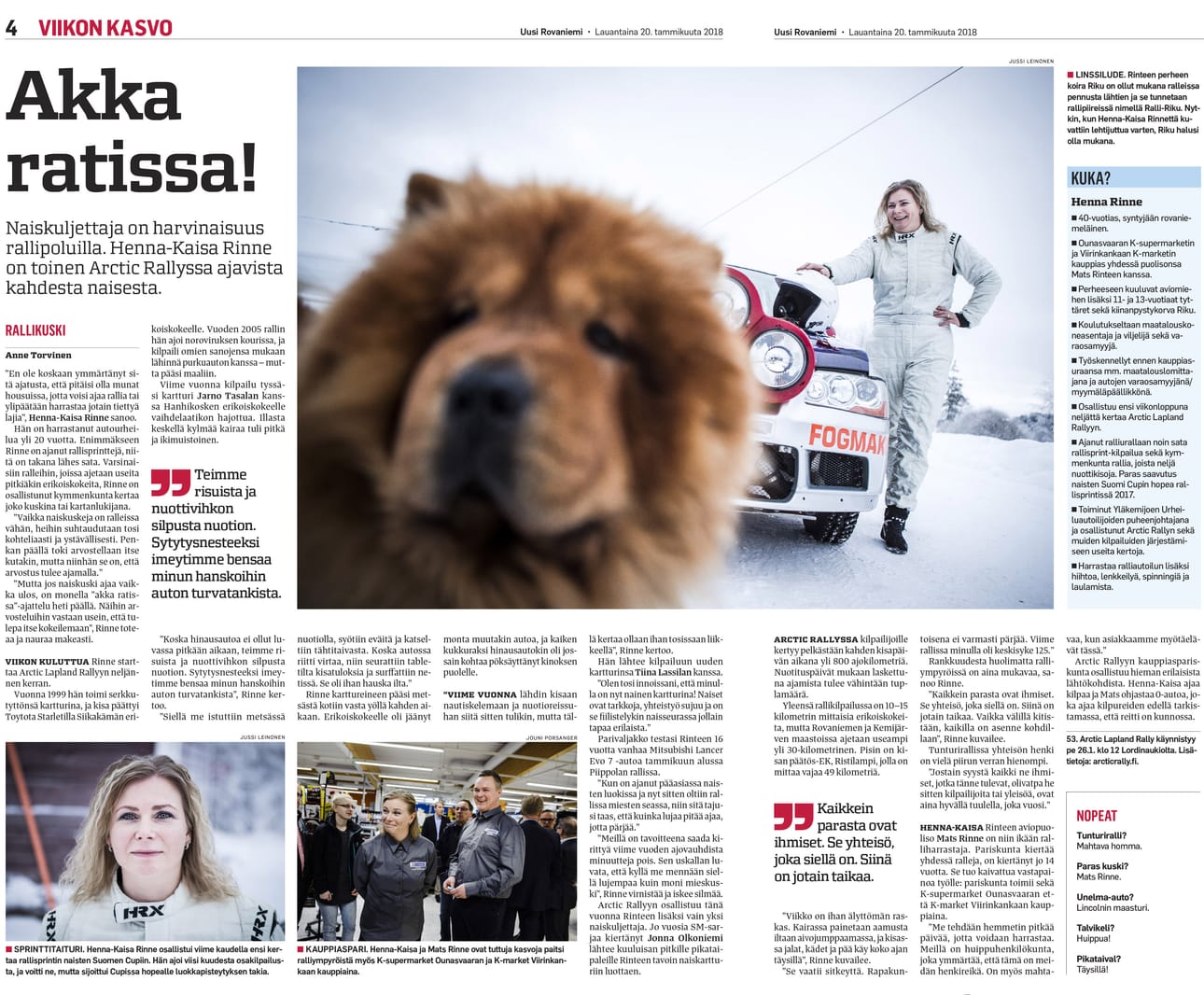 Anne Torvisen palkittu juttu julkaistiin Uudessa Rovaniemessä 20. tammikuuta Arctic Lapland Rallyn alla.