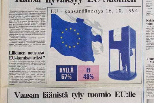 Pohjalainen-lehden etusivu EU-kansanäänestyksen jälkeisenä päivänä maanantaina lokakuun 17:nä 1994. KUVA: JARNO PELLINEN