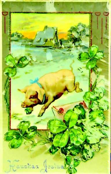 Joulukortti vuodelta 1911. Tällaisen onnenapilakortin lähetti Olga-neiti Helsingistä sukulaisilleen. Kortissa on Venäjän vallan aikainen postimerkki ja lähetyspaikkana lukee "Täältä".