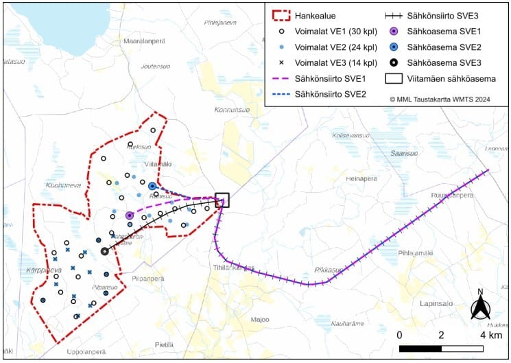 Karttakuvassa esitelty Pilpankankaan tuulivoimapuiston YVA-selostuksen hankevaihtoehdot ja vaihtoehtoiset sähkönsiirtoreitit.