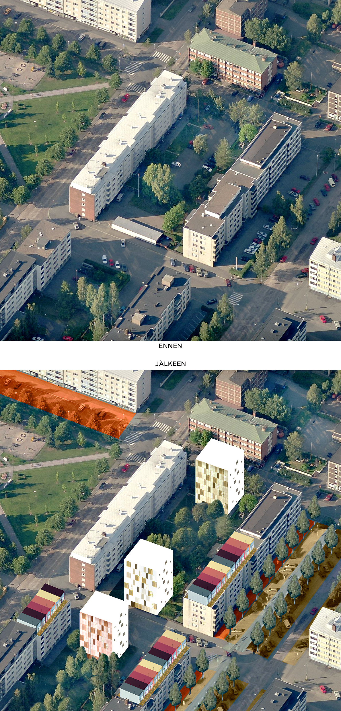 Ilmakuvassa näkyvät ”sinkkutornit” ja ”miniloftit”. Uusi pysäköintikatujärjestely mahdollistaisi vihreät korttelipihat. Yläpuolella nykyinen tilanne.
