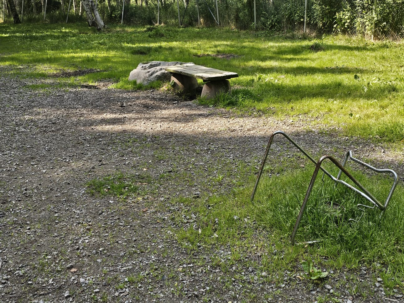 Palosaaren koirapuistossa isojen koirien puolella on paljon kuoppia ja jonkin verran myös ylimääräistä rojua, muun muassa vanha tuolinrunko.