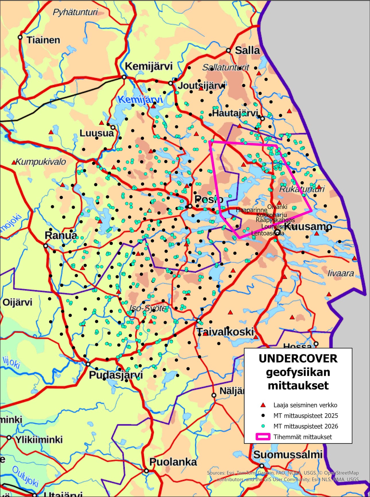 Undercover-hankkeessa mittauksia tehdään tänä vuonna kartalla vihreillä ympyröillä merkityillä alueilla.