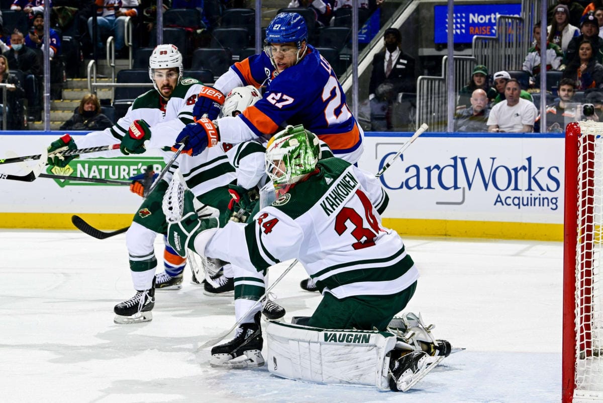 Kaapo Kähkönen torjui jopa 40 laukausta Minnesota Wildin maalilla. LEHTIKUVA/AFP