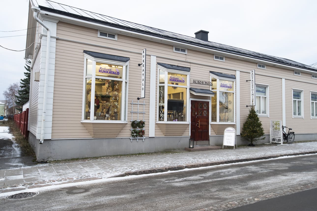 Perjantaiaamuna Korhosen kukkatalon ikkuna pukeutuu jouluun.