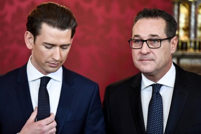 Tämä kaksikko johtaa Itävaltaa: liittokansleri Sebastian Kurz (vas,) ja varaliittokansleri Heinz-Christian Strache. KUVA: Lisi Niesner / EPA