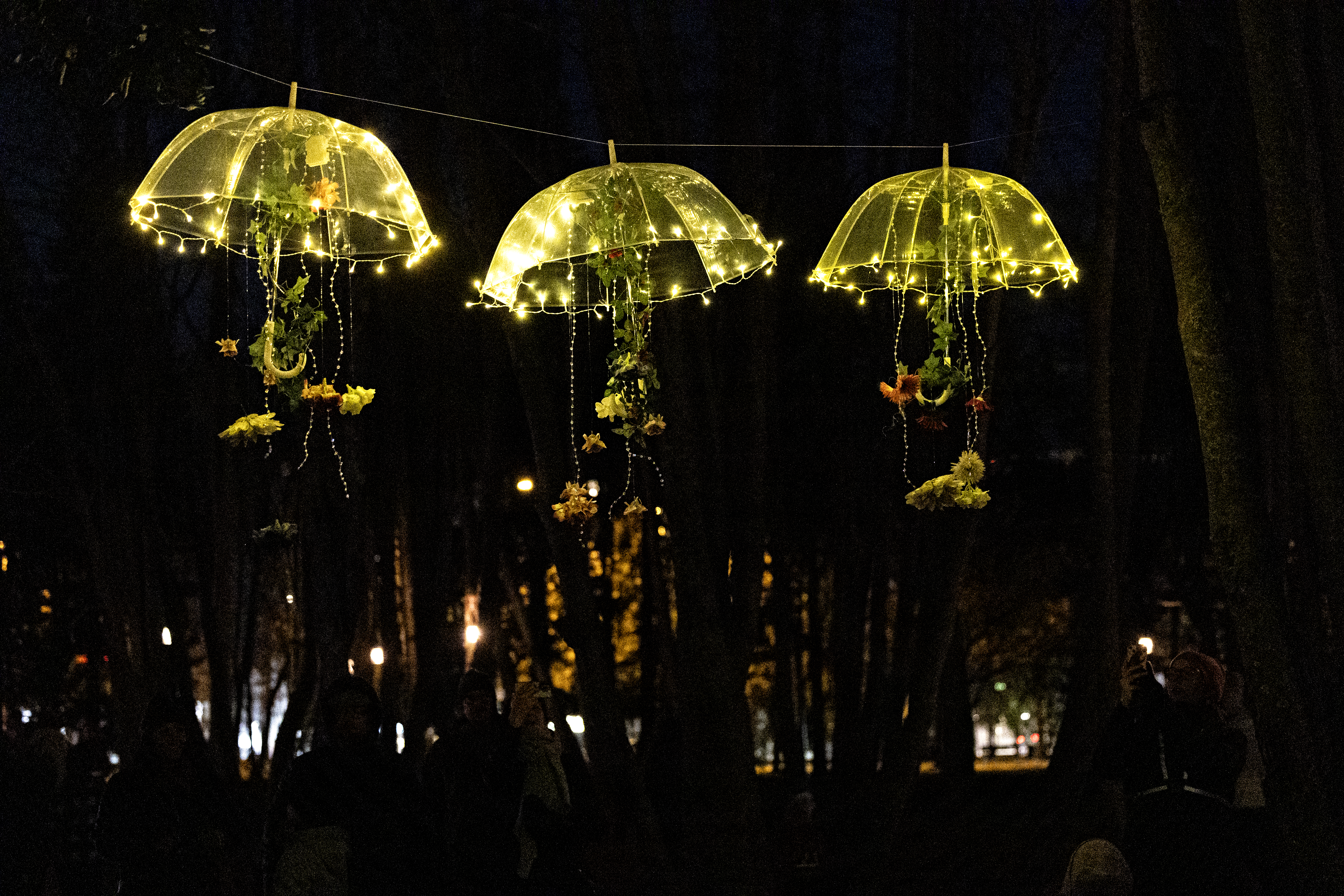 Eveliina Herralan ja Markus Peltomäen teos Varjojen tanssi valaisee pimeää Kirkkopuistoa.