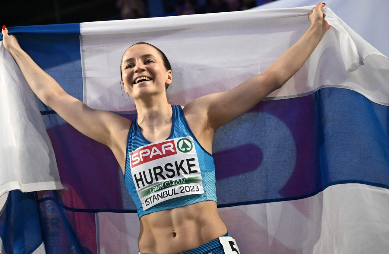Reetta Hurske toi Suomeen EM-hallikisojen toisen kullan. LEHTIKUVA/AFP