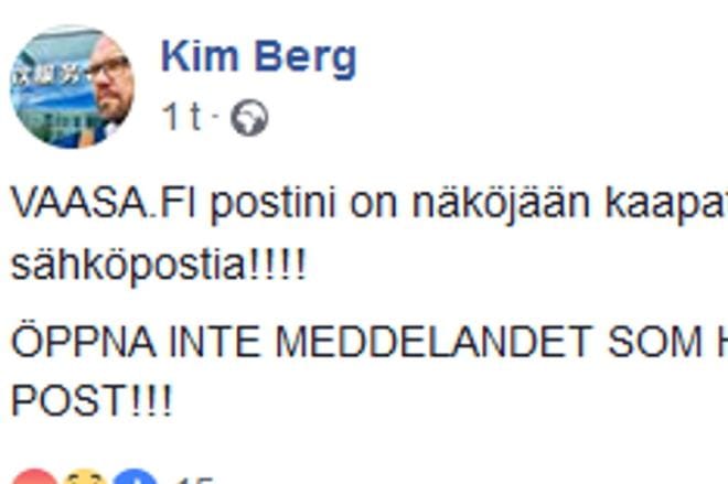 Ruutukaappaus Kim Bergin Facebookista.