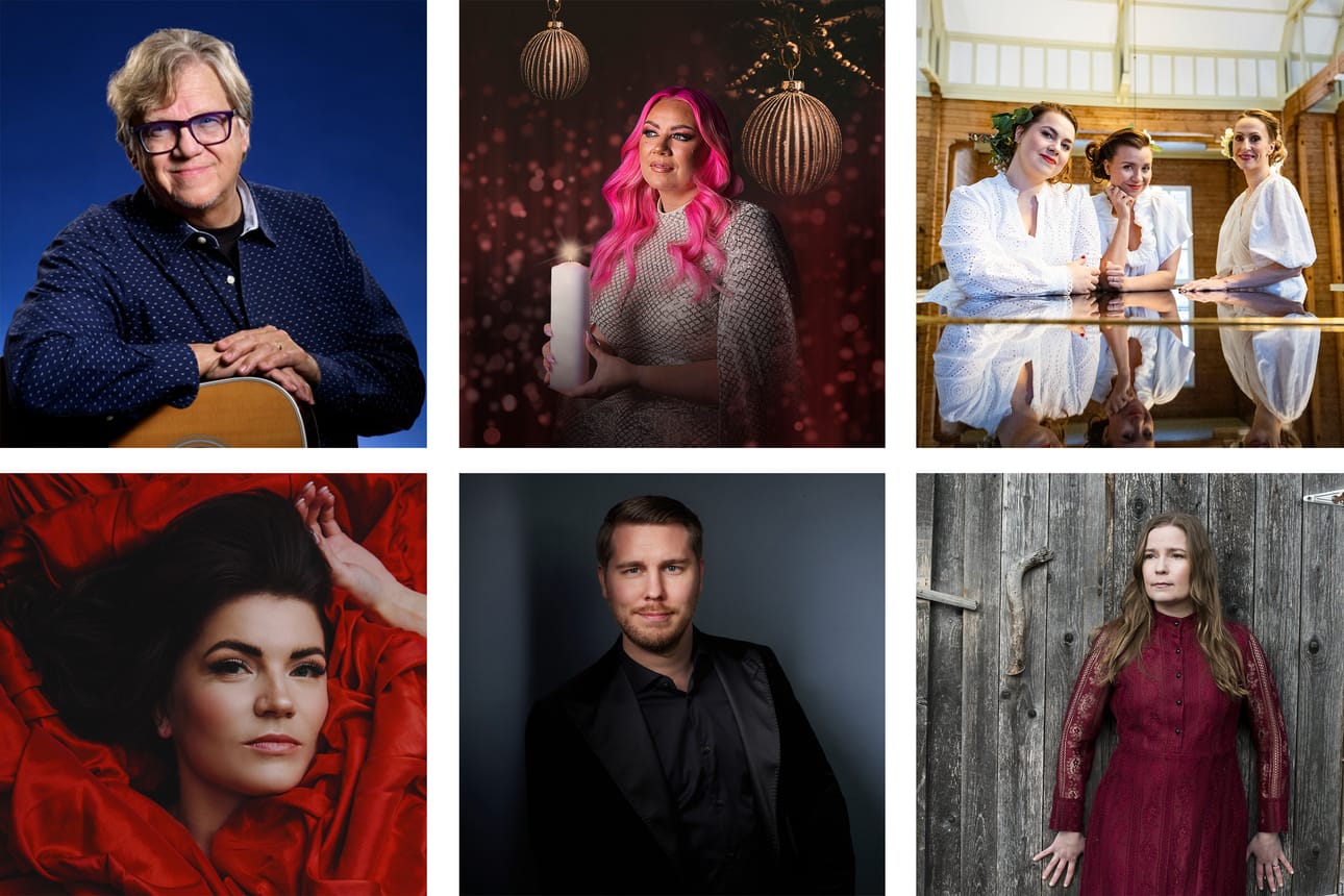 Oulun joulukonserteissa esiintyy useita tunnettuja artisteja, kuten Mikko Alatalo (ylhäällä vas.), Jeba Lambert, Pelokurki eli Emma Kurkinen ja Anna Peltomaa sekä Inga Söder, Suvi Teräsniska, Aarne Pelkonen ja Johanna Iivanainen.