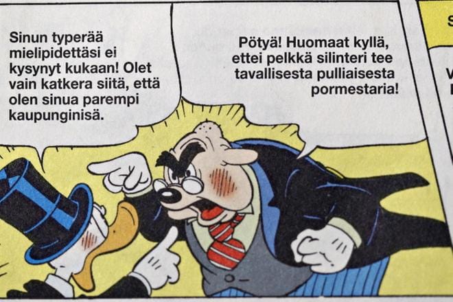 Aku Ankka nousi populismillaan Ankkalinnan pormestariksi, mutta hyvin ei päättynyt sekään viranhoito. Kuva albumista ”Ankkalinnan alamaailma”.KUVA: KARI LÖFHJELM