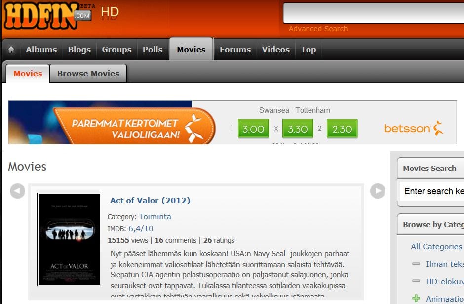 HDFIN on luvaton palvelu, joka esittää elokuvia suoratoistona.