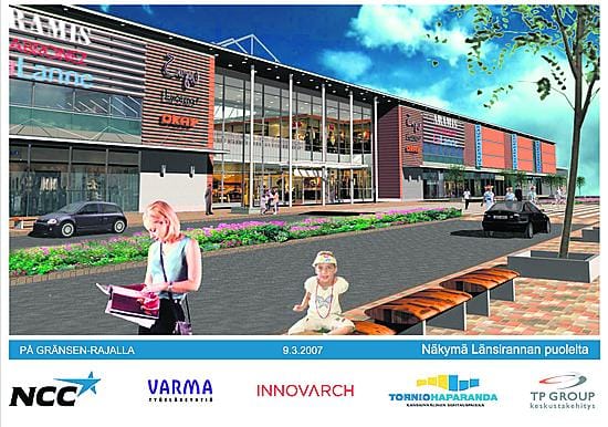 Tornioon rakennettava kauppakeskus näyttää valmistuttuaan havainnekuvan kaltaiselta länsirannan puolelta.