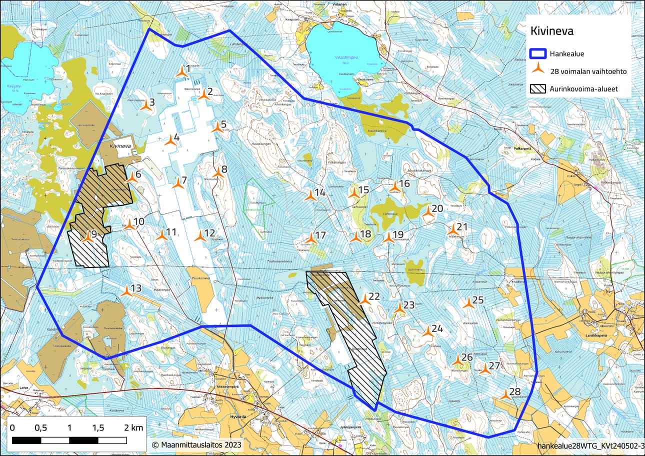 Kivinevan tuuli- ja aurinkovoimapuistoon suunnitellaan rakennettavan enintään 28 tuulivoimalaa ja kaksi aurinkovoima-aluetta.