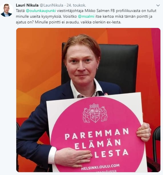 Mikko Salmi otti kuvan Oulua markkinoivassa tapahtumassa, mistä syntyi pienimuotoinen kohu.