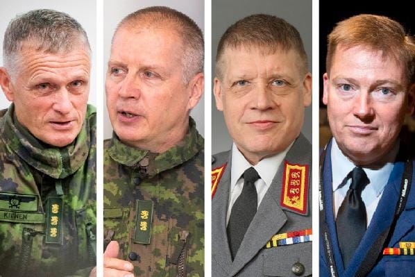 Tässä ovat vaihtoehdot Jarmo Lindbergin seuraajaksi Puolustusvoimien komentajana: vasemmalta oikealle pääesikunnan päällikkö Timo Kivinen, maavoimien komentaja Petri Hulkko, operaatiopäällikkö Eero Pyötsiä ja strategiapäällikkö Kim Jäämeri.