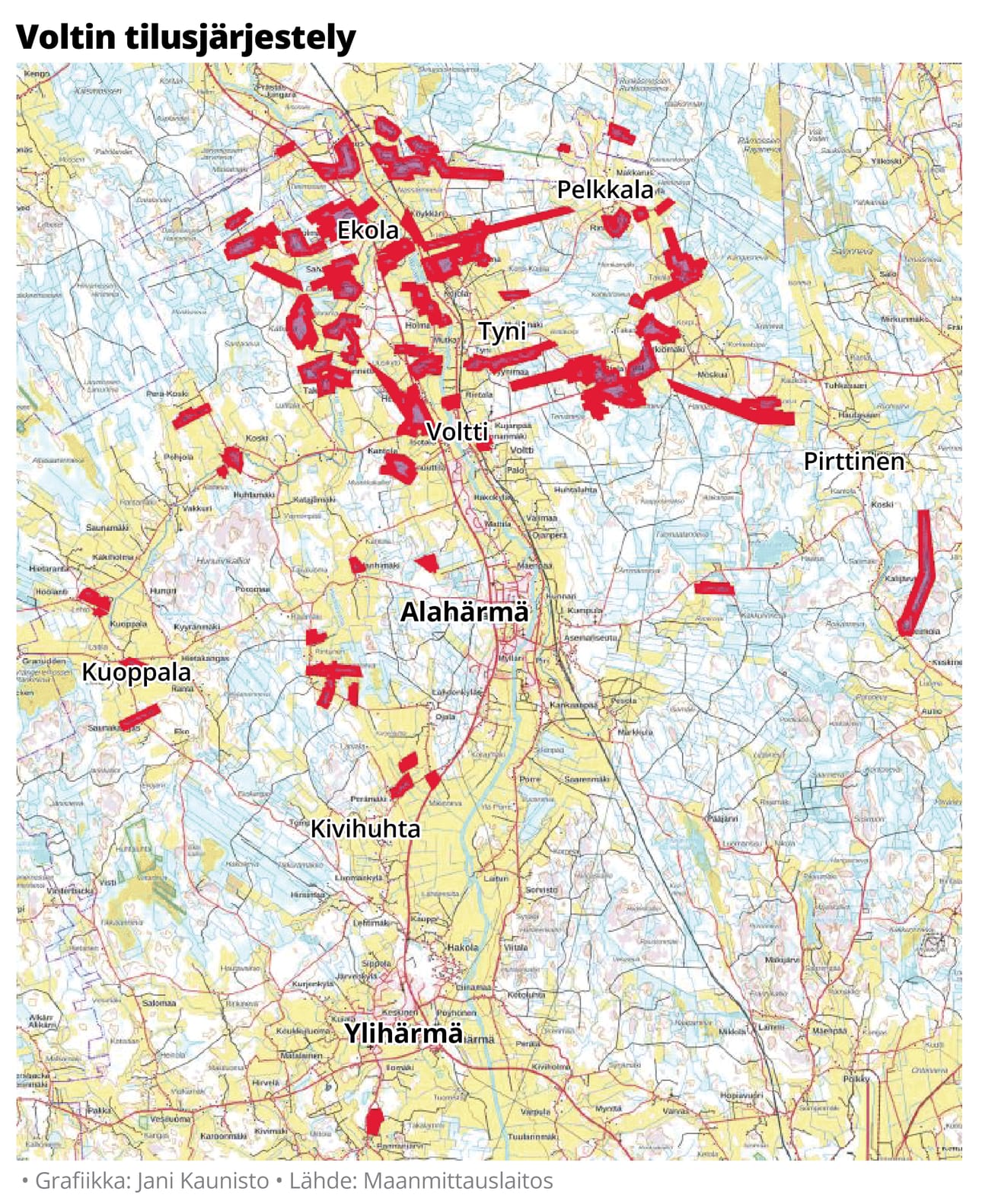 Maanmittauslaitos esitteli tammikuussa Alahärmän tilusjärjestelyä nimellä Voltin tilusjärjestely. Siihen kuuluvat pellot näkyvät kartassa punaisella.