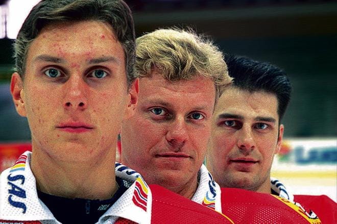 Markus Jämsän (vas.), Magnus Eliassonin ja Jari Kestin piti muodostaa Sportin ykkösketju kaudella 1998-99.