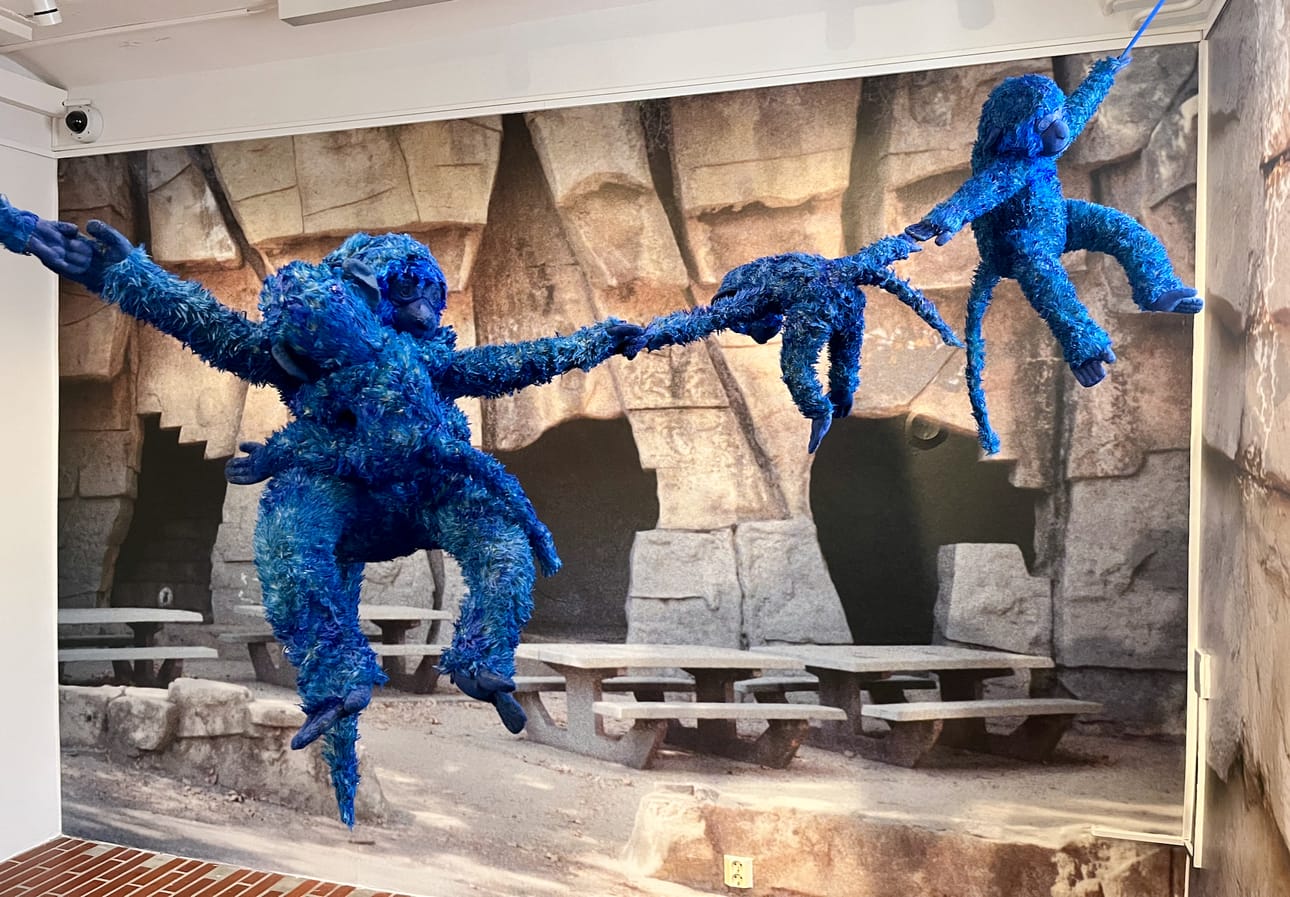 Etualalla Hertta Kiiskin installaatio Blue Monkey ja taustalla Kiiskin Bloomrotmilk-teossarjan osa Selig Zoo I–II, 2026.
