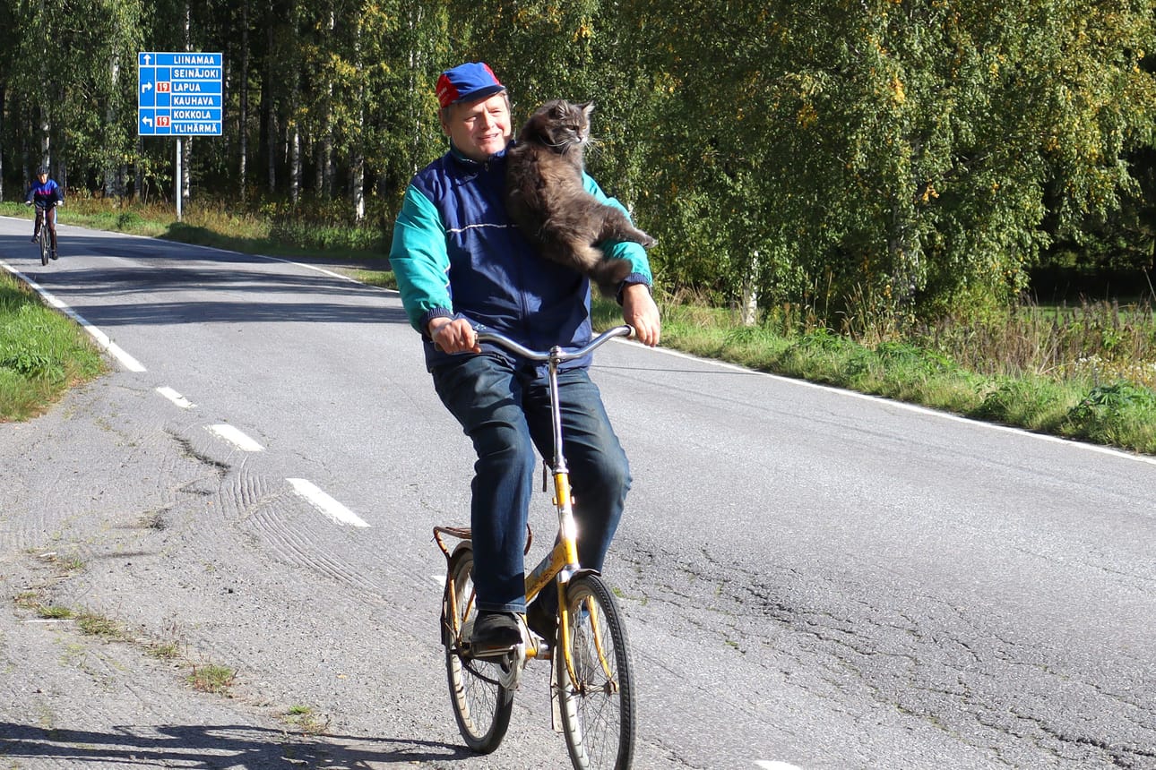 Reijo Rajala käy päivittäin pyörälenkeillä kissansa Eskimon kanssa.