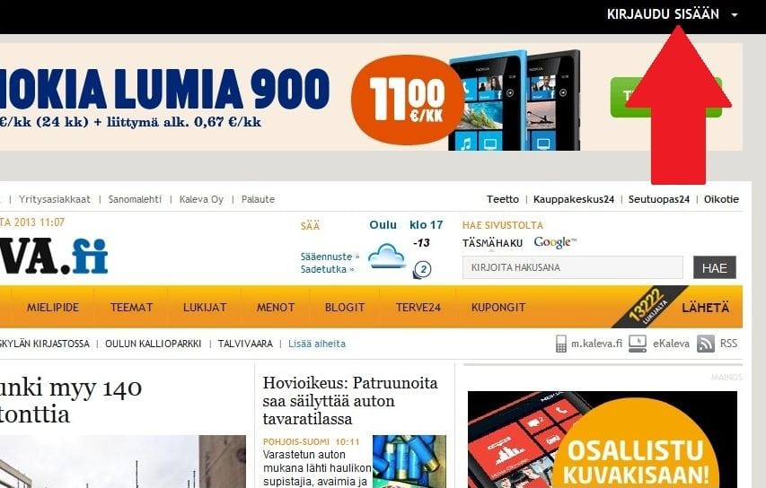 Palveluun pääsee rekisteröitymään klikkaamalla oikeassa yläkulmassa olevaa Kirjaudu sisään -valikkoa.