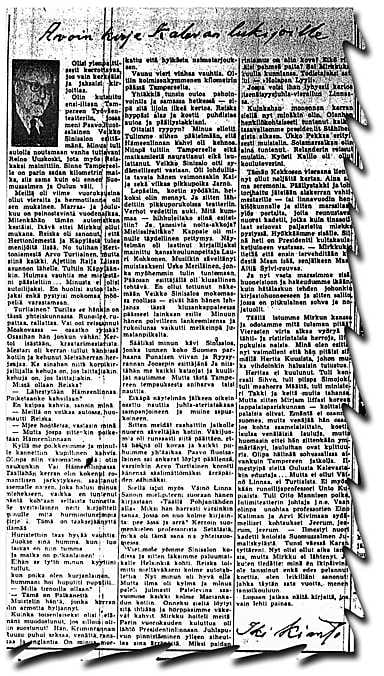 Suomalaista kulttuurikermaa Viimeisten kiusausten ensi-illassa Tampereen Työväen Teatterissa joulukuussa 1959. Eturivissä vasemmalta Väinö Linna, Ilmari Kianto ja Elna Hellman. Ylärivissä vasemmalta Arvo Turtiainen, Veikko Sinisalo, Lauri Kokkonen ja Harri Kaasalainen.