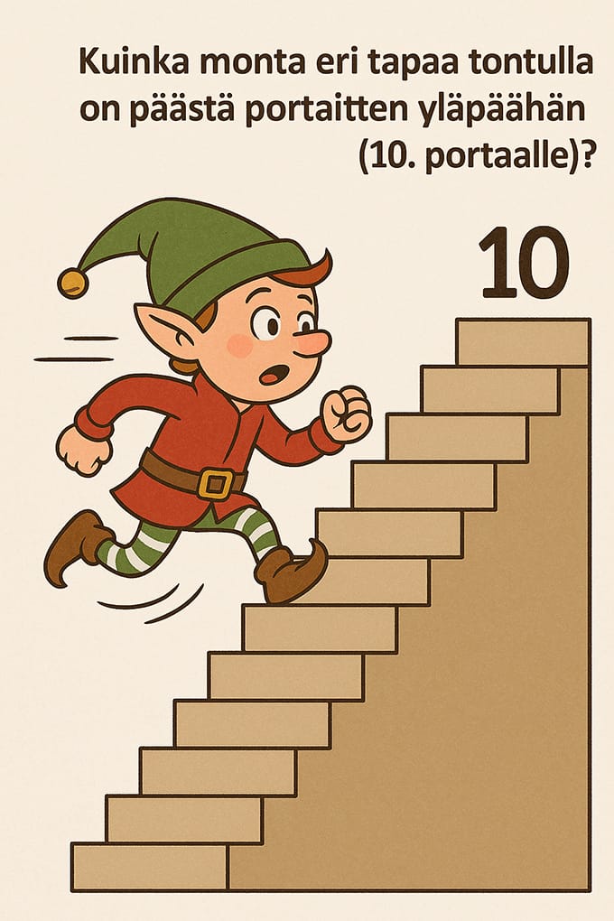 Tehtävä 10: Laske ja mieti tontun askelia. Kuvan tekemisessä Erkka Oikarinen on hyödyntänyt tekoälyä.