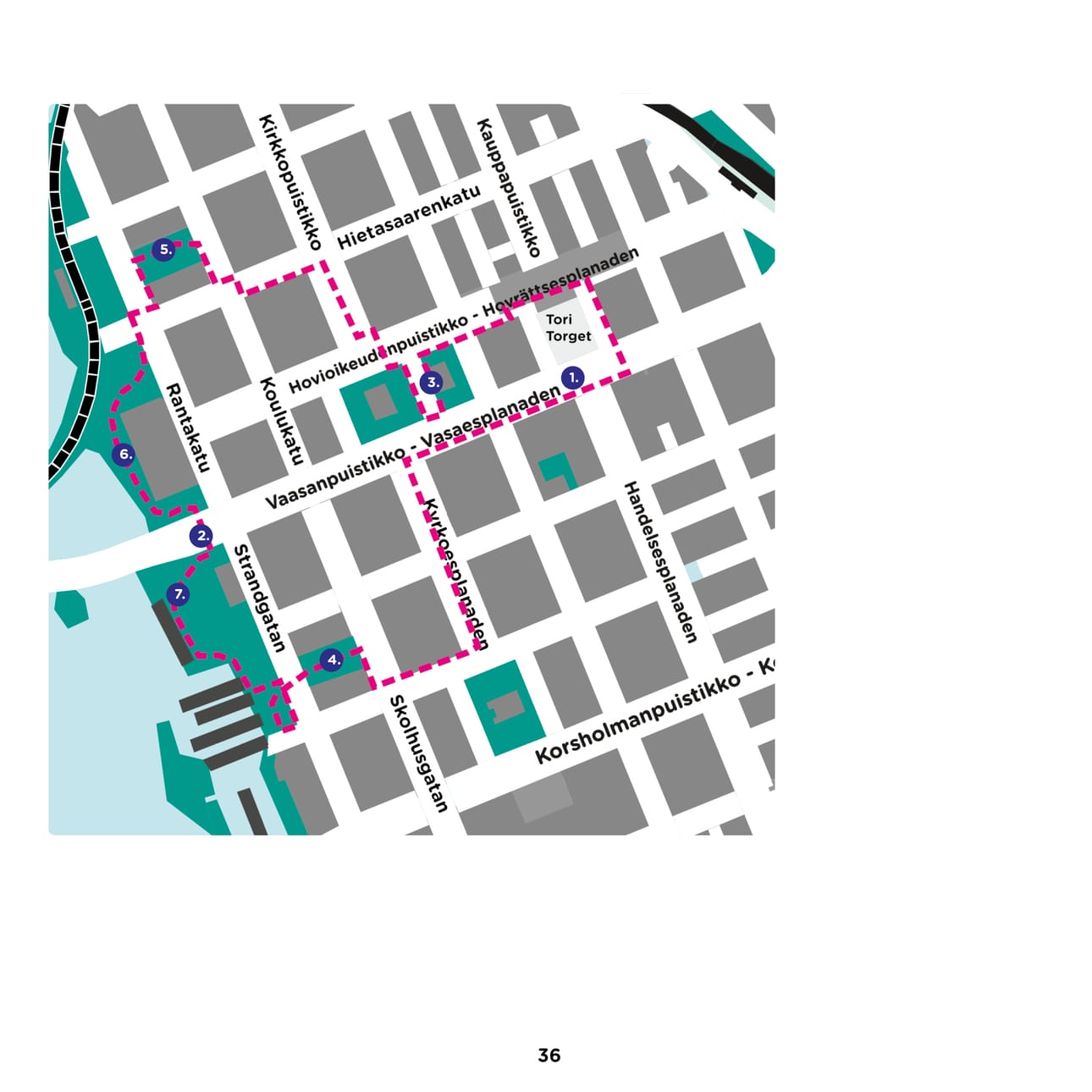 Kukkakävelyn reitti kiertää keskustan kukkaistutukset. 1. Ylätori ja Alatori, 2. Titanic, 3. Kaupungintalo, 4. Koivupuisto, 5. Settenberginpuisto, 6. Aurinkokello, 7. Kalarannanpuisto. Grafiikka: Vaasan kaupunki