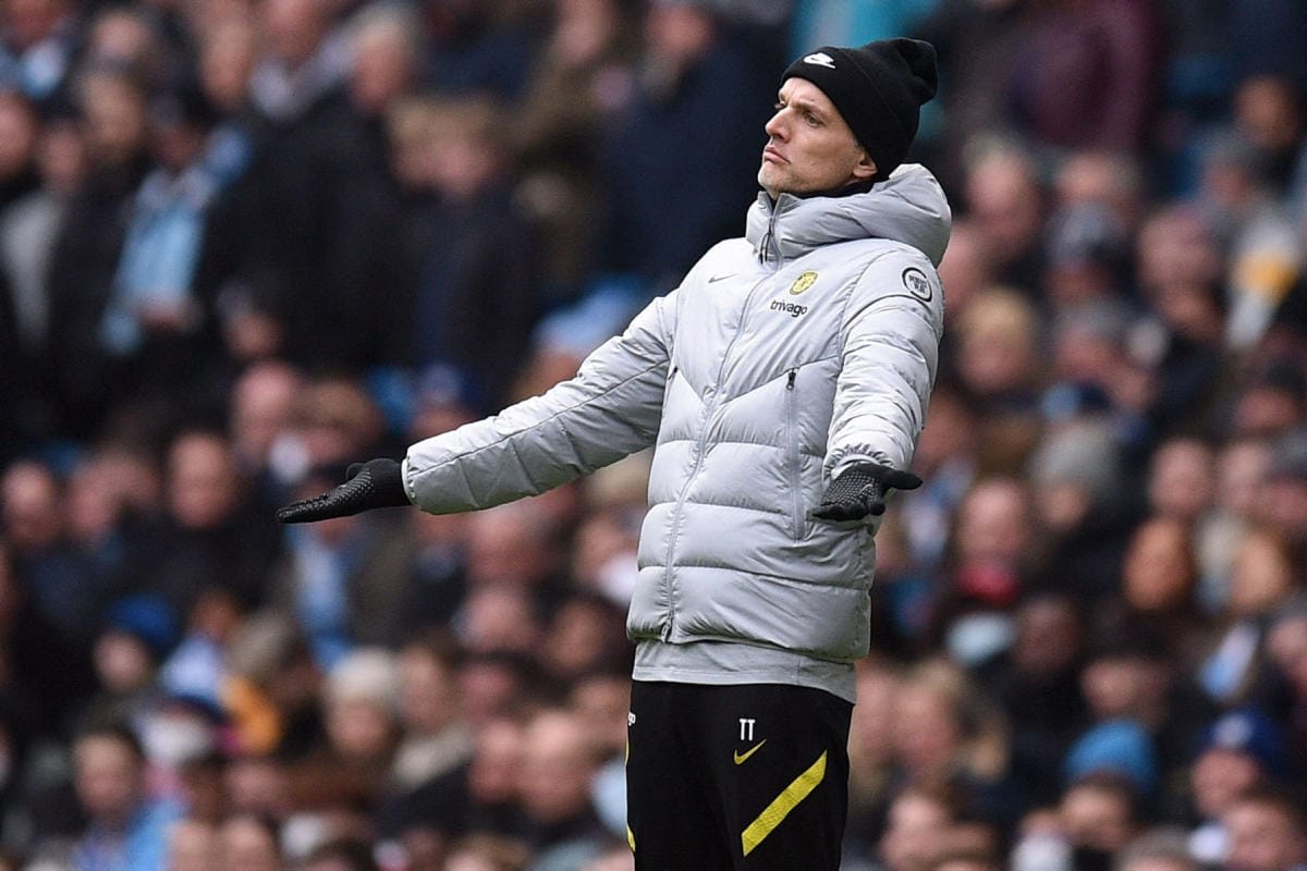 Chelsean saksalainen päävalmentaja Thomas Tuchel reagoi ottelun tapahtumiin Manchesterissa 15. tammikuuta. LEHTIKUVA / AFP