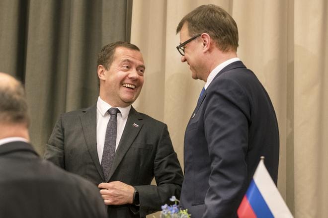 Pääministerit Dmitri Medvedev ja Juha Sipilä ovat tavanneet säännöllisesti. Kuva on tapaamisesta vuodelta 2016. KUVA: Jarmo Kontiainen