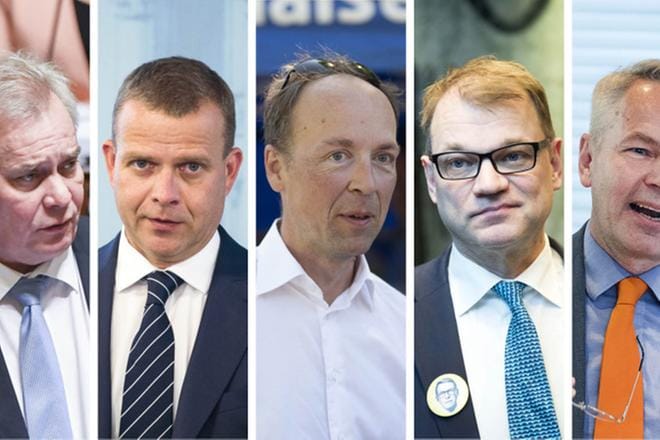 Vihreiden Pekka Haavisto, sosiaalidemokraattien Antti Rinne, kokoomuksen Petteri Orpo, keskustan Juha Sipilä ja perussuomalaisten Jussi Halla-aho vastasivat, millaista EU-linjaa he vetäisivät pääministerinä. KUVA: Arkisto