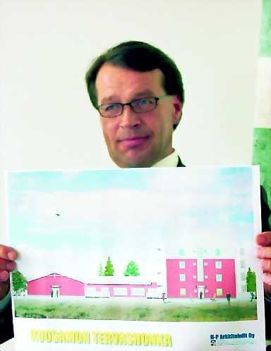 Tervashonka kuvassa . Projektipäällikkö Kimmo Järvelän esittelemästä kuvasta näkee, millainen hyvinvointikeskus rakentuu Kuusamon keskustaan Kaiterantielle.