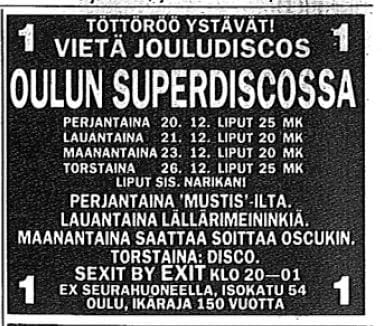 Ilmoitus Kalevassa 20.12.1985.