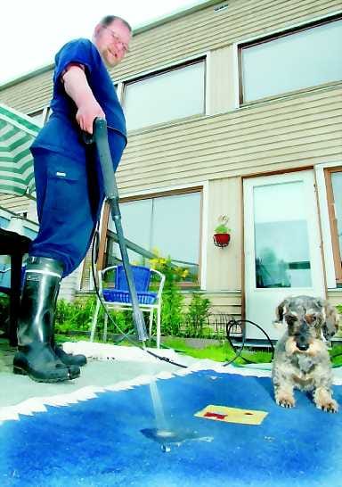 Painepesuri on kätevä apuväline mattojen pesussa. Juha Sarastamolta pesu sujuu omalla takapihalla Fanni-koiran vahtiessa kuinka homma onnistuu.