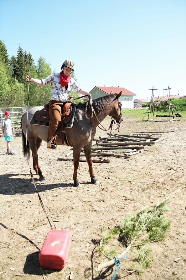 Hilla Puhakka ja quarterhevonen Mymmeli valmistautuvat kanisterin vetoon ranch trail -esteradalla. Ikänsä ratsastanut Puhakka siirtyi lännenratsastukseen viitisen vuotta sitten, eikä paluuta ole ollut. Monipuolinen laji vei mukanaan.