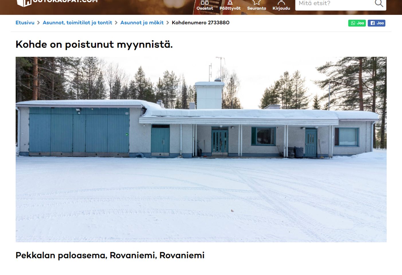 Rovaniemen Pekkalan paloaseman hinta nousi huutokaupassa 37 000 euroon – kaupunginhallitus päättää myynnistä huomenna