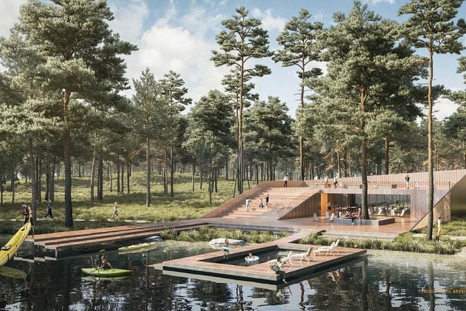 Havainnekuvasta selviää, miltä vesiurheilutapahtumakeskus voisi näyttää. KUVA: STUDIO PUISTO ARKKITEHDIT OY