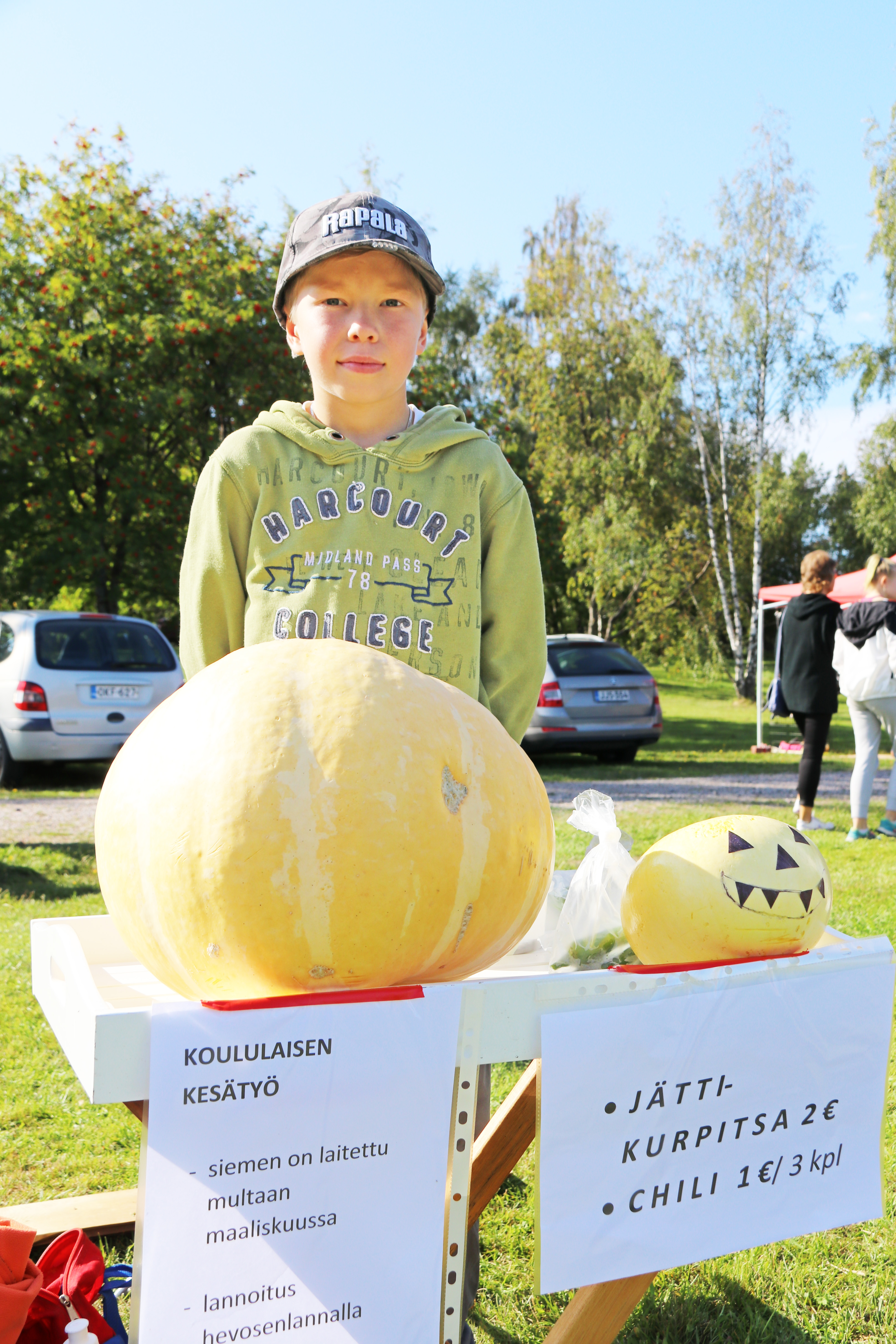 Väinö Särkelä myi itse kasvattamiaan kurpitsoja. Päivän alkajaisiksi hän asetteli myyntiin viisi isoa ja kolme pientä kurpitsaa. Kauppa oli käynyt mukavasti.