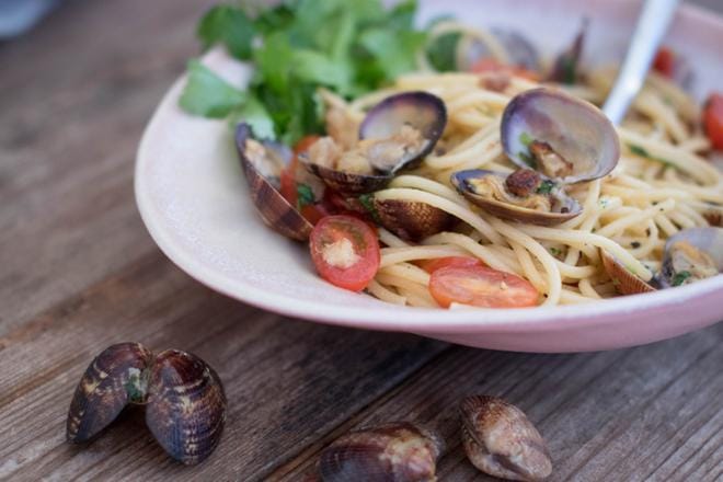 Simpukkapasta on nopea ruoka, jonka teet näppärästi pienistä pakastesimpukoista. Tuoreita venussimpukoita ei löydy vielä joka kaupasta, mutta käytä ihmeessä niitä, mikäli sellaisia onnistut käsiisi saamaan. Kuva: Nanna Rintala