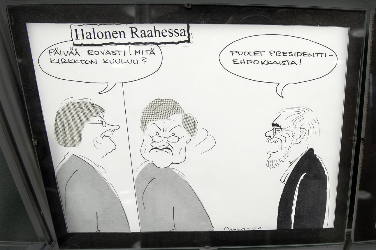 Ingon piirroksissa on ollut paljon sekä valtakunnallisesti että paikallisesti tunnettuja hahmoja. Tässä Pekka Nuutinen hämmentää Tarja Halosta.