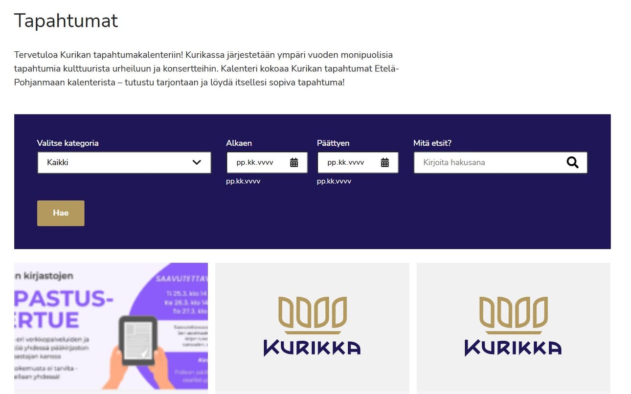 Uusi tapahtumakalenteri on aiempaa kuvallisempi ja siinä on uusia toimintoja. Kuvankaappaus kaupungin verkkosivuilta.