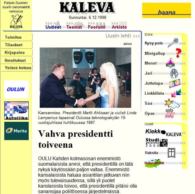 Kalevan verkkolehti näytti alkutaipaleella vuonna 1998 karulta nykykatsojan silmissä.