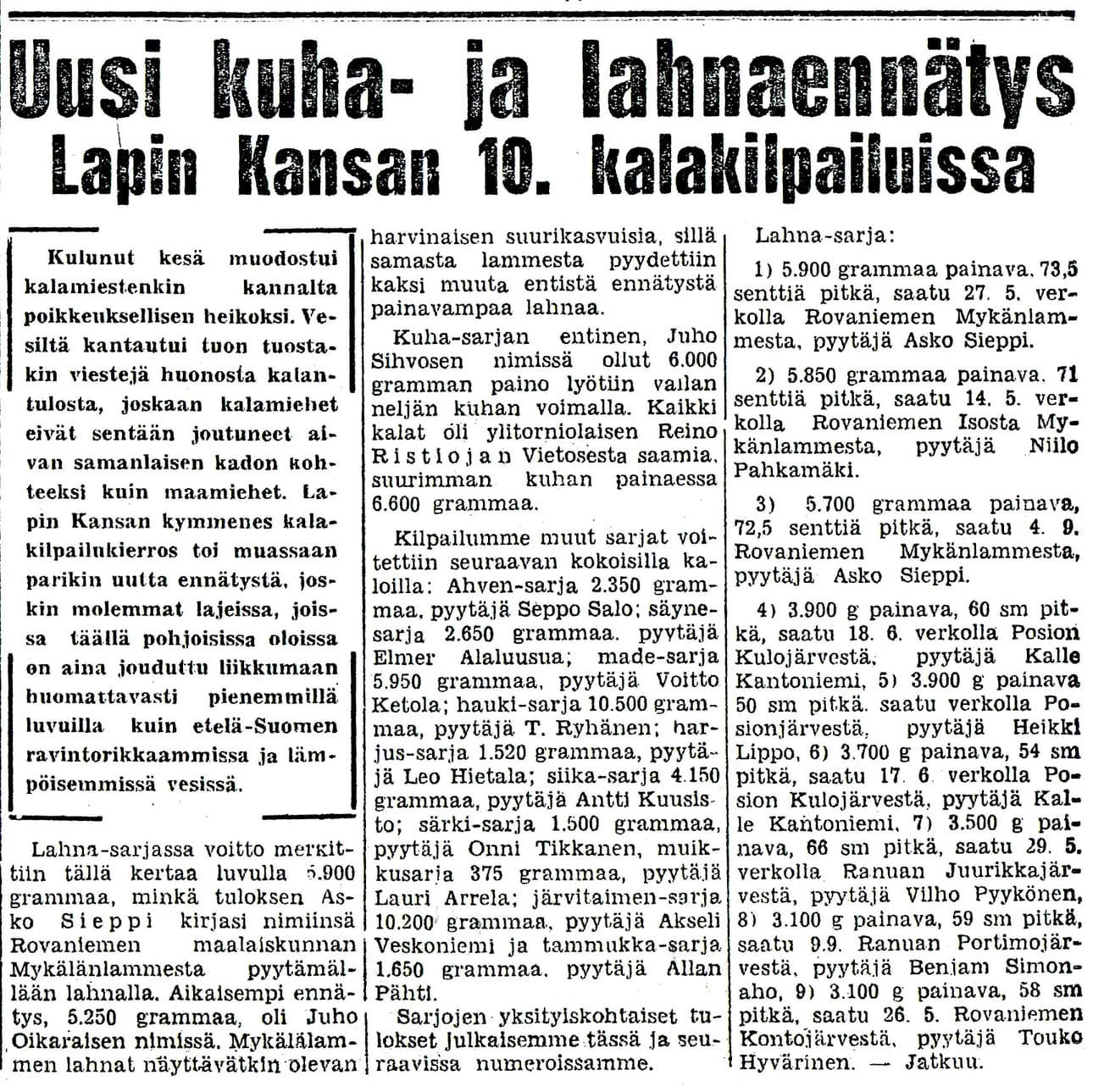 Mykänlampi Rovaniemen Kivitaipaleessa oli vuonna 1962 suurten lahnojen vesi.