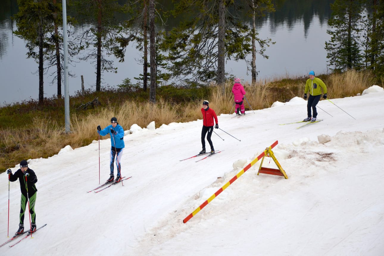 Lämmin sää on sulattanut Rukan ensilumenladun liki hiihtokelvottomaksi. Vielä viime viikolla ladulla saattoi lykkiä hyvillä mielin.