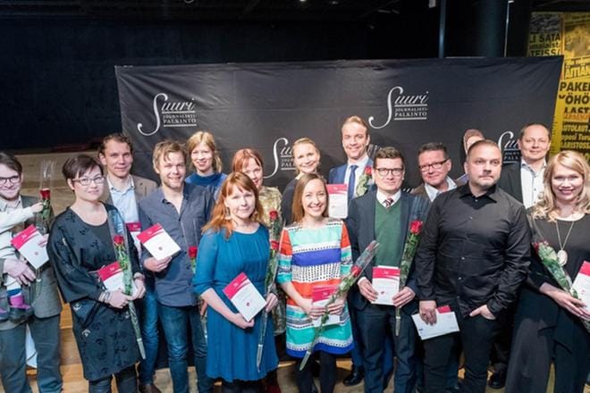 Suuren journalistipalkinnon saajaksi on ehdolla iso joukko toimittajia ja kirjailijoita. Suorassa lähetyksessä valitaan voittajat neljässä kategoriassa: Vuoden juttu, Vuoden journalistinen teko, Vuoden kirja ja Vuoden journalisti. KUVA: MTV3