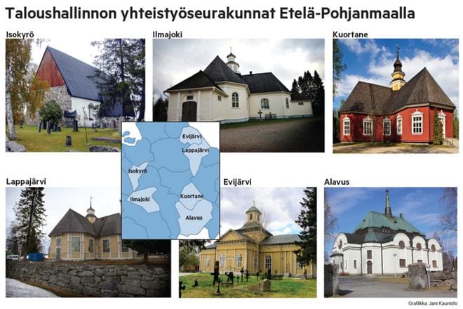 Neljän seurakunnan talousyhteistyön lisäksi Ilmajoelta lähtee apua myös Evijärvelle ja Lappajärvelle. GRAFIIKKA: JANI KAUNISTO