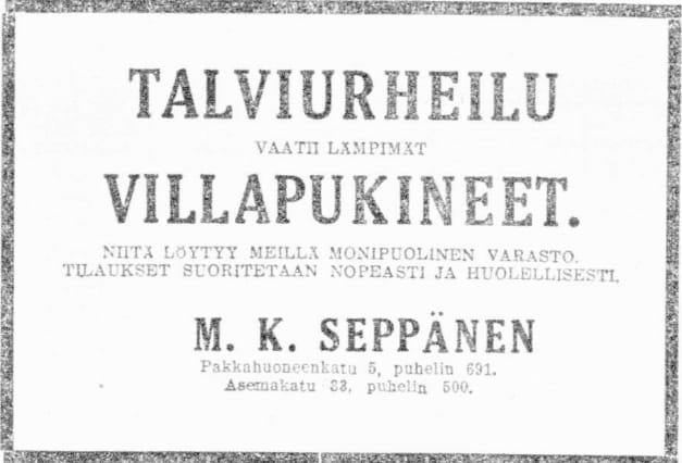 Oulusta Pakkahuoneenkadulta löytyi M.K. Seppäsen villapukineita myyvä liike.