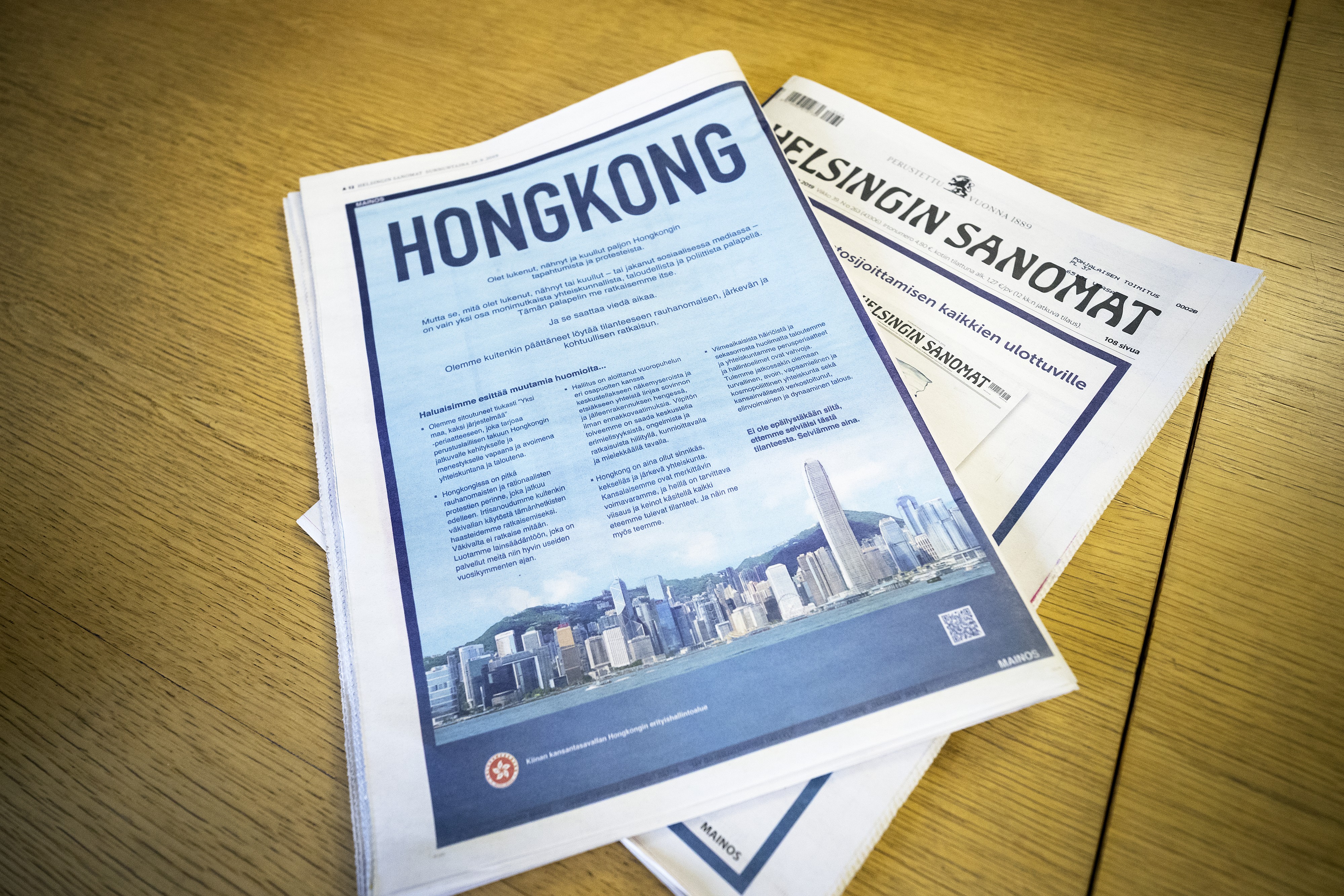 Kiinan kansantasavallan Hongkongin erityishallintoalue osti ilmoituksen sunnuntain Helsingin Sanomiin.