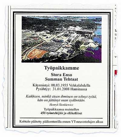 Summan "kuolinilmoitus" Helsingin Sanomissa.