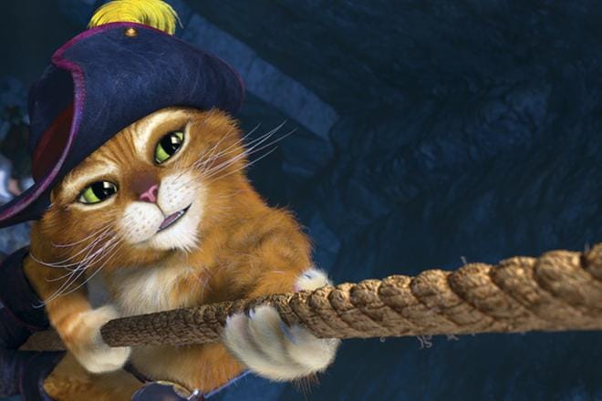 Suomeksi puhutussa animaatiossa seikkailee Shrekistä tutuksi tullut Saapasjalkakissa. KUVA: Nelonen